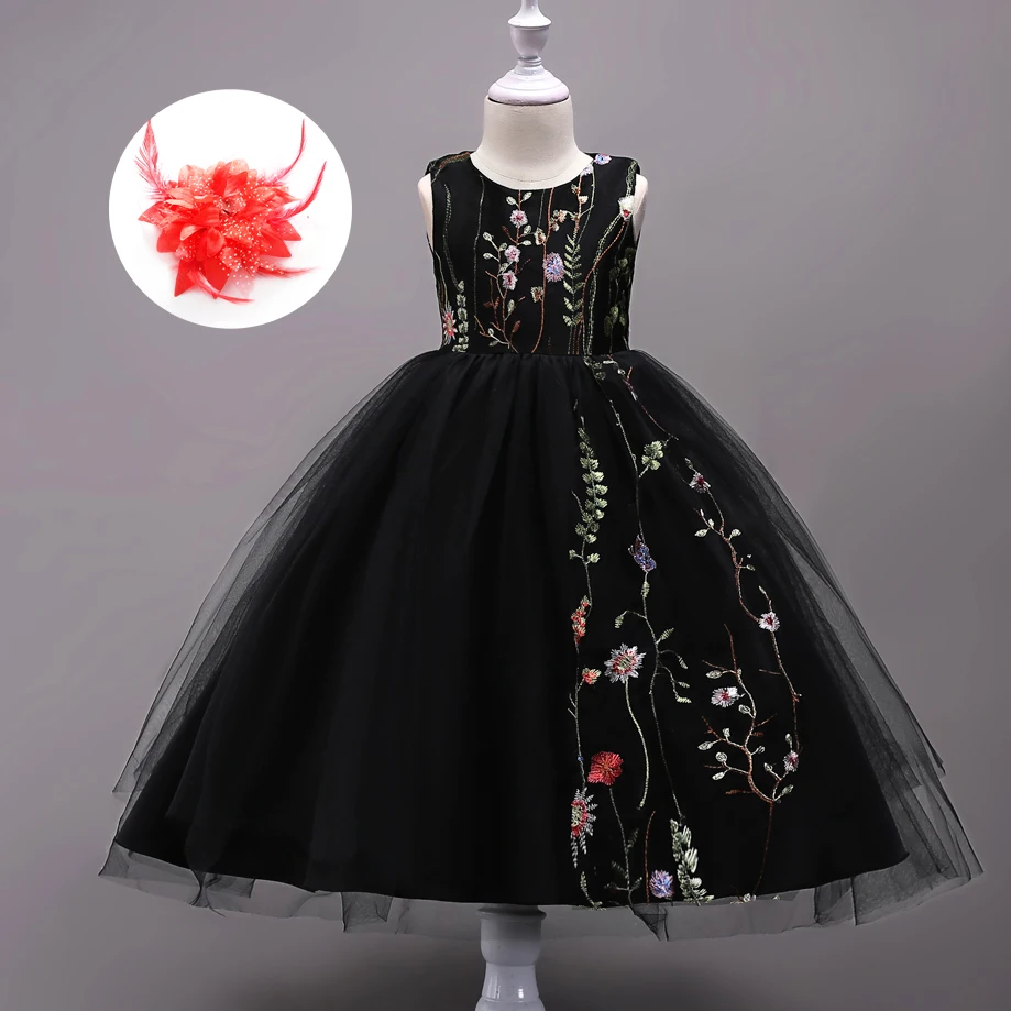 

Girls Embroidery Floral Children's Dresses Wedding Flower Girl Dress White Royal Blue Black Burgundy Kids Teens Clothes