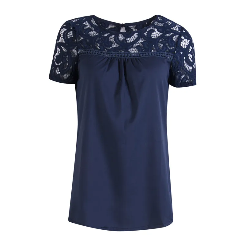 

High Quality New Women Summer Style Lace Hollow Out Top Short Sleeve O Neck Solid Shirt Casual tops Shirt New Pullovers Costume