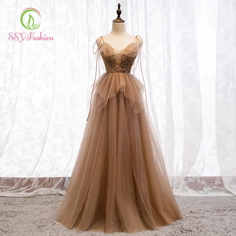 Женское вечернее платье до пола SSYfashion темно желтое с V образным вырезом без