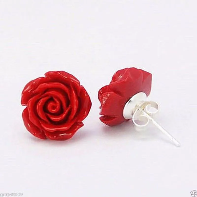 Серьги из серебра 925 пробы с красными розами кораллового цвета 10 мм|925 sterling silver