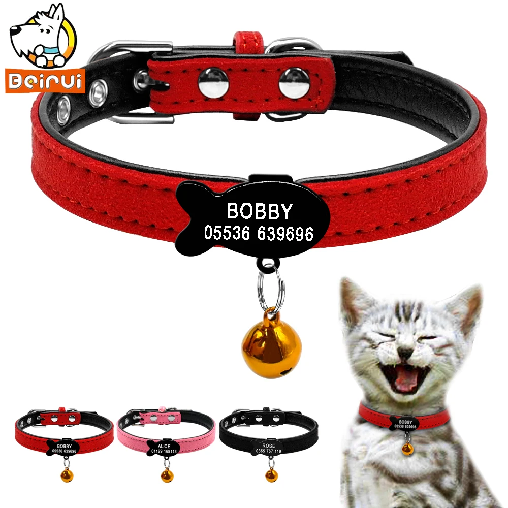 

Customized Cat Collar PU Leather Padded ID Collars Personalized Puppy Pet Information For Small Medium Cats XXS Red Pink Black