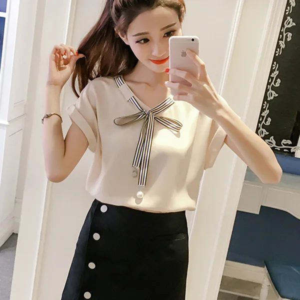 apricot Женские топы и блузки mujer de moda, стильные шифоновые Женские рубашки в Корейском стиле, женская модная одежда, летняя женская одежда с бантом - Цвет: apricot