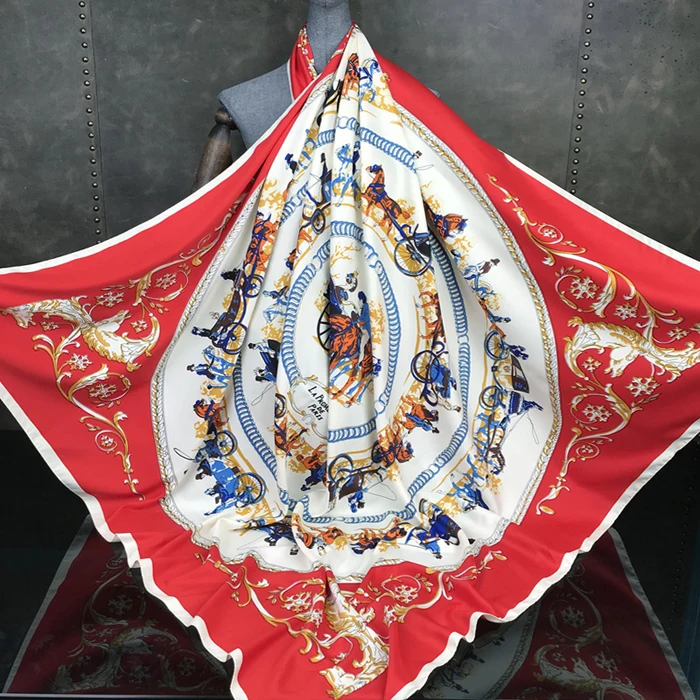 Twill Silk Square Scarf Spain Horse Print Neckerchief Original Design Euro Carriage Foulard Hijab Silk Shawls Wrap Female Scarf