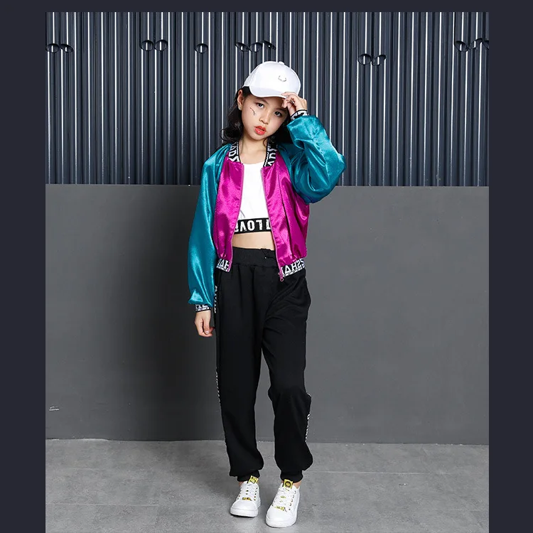 girls set Детская одежда в стиле хип-хоп; танцевальный костюм для девочек; цветная куртка; укороченные топы на бретелях; штаны для бега; одежда для бальных танцев; уличная одежда - Цвет: girls set