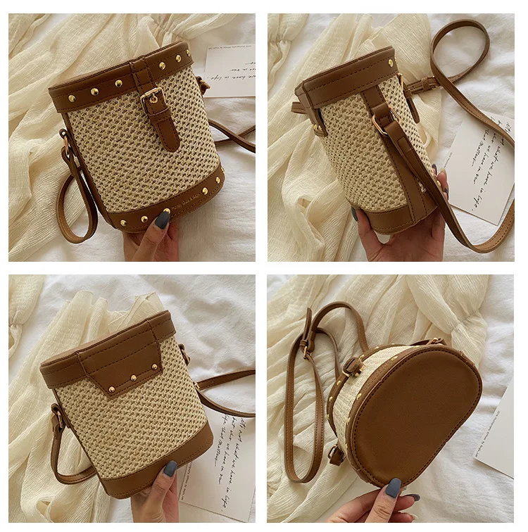 Новый модный замок кожа ведро пляжная сумка для женщин 2019 соломенные сумки Сумка