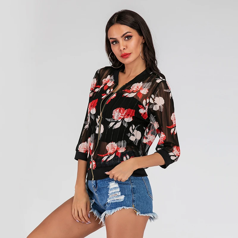 Женская куртка модная 2019 женская ретро Цветочная на молнии куртка-бомбер