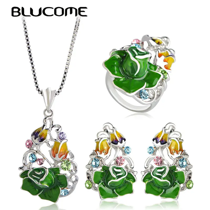 Женский комплект из колье серёг и кольца Blucome зеленый с эмалью украшение для