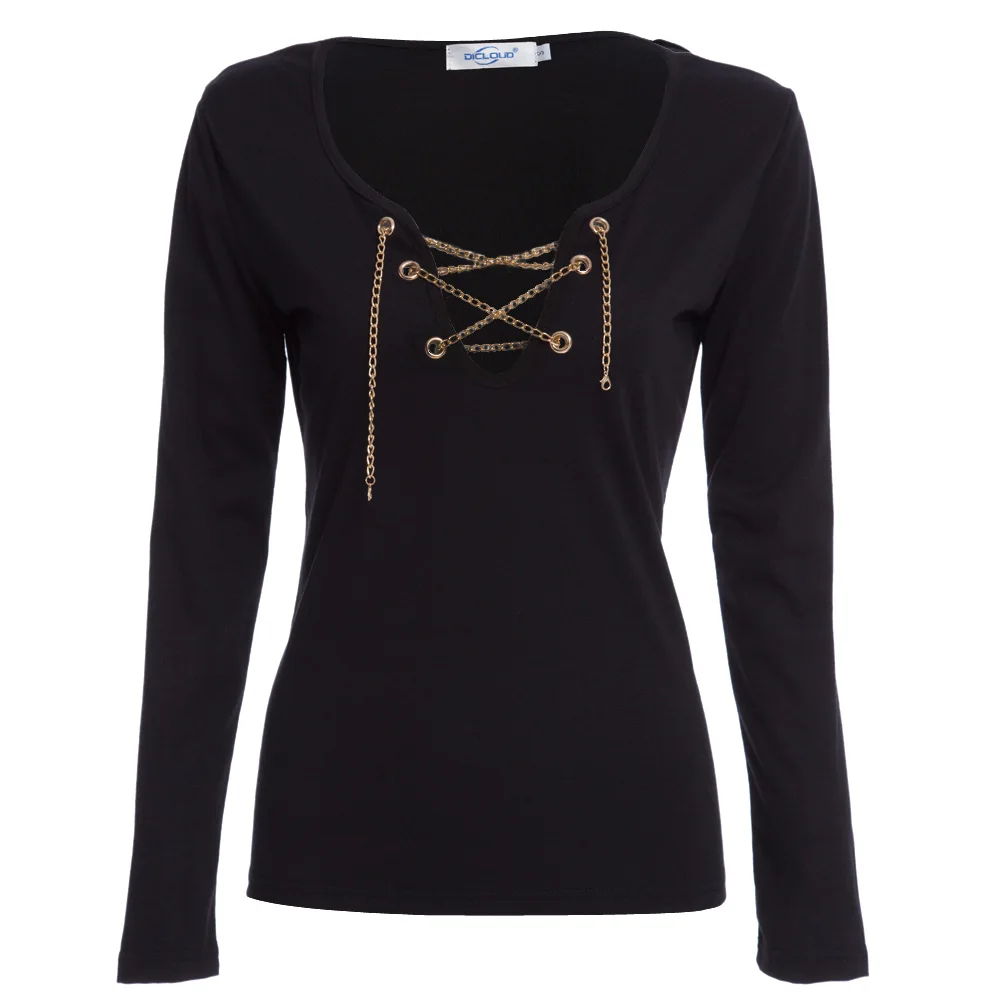 Женская футболка с цепочкой дизайнерская вырезами облегающая сексуальный