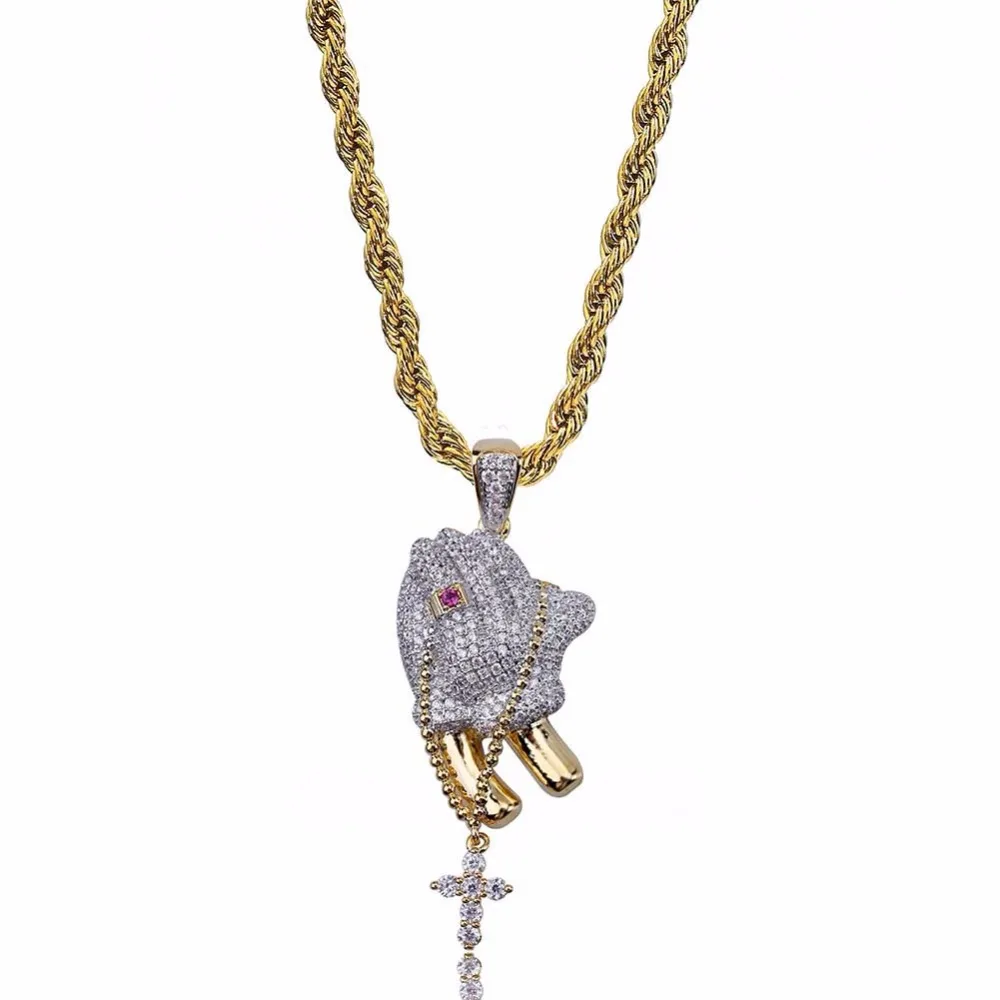 Позолоченный медный CZ камень Bling Ice Out Молящиеся руки ожерелья с подвесками для мужчин хип-хоп рэппер ювелирные изделия с 24 дюймов твист-цепочкой