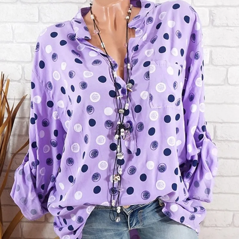 Женские повседневные блузки в горошек с регулируемым воротником-стойкой и