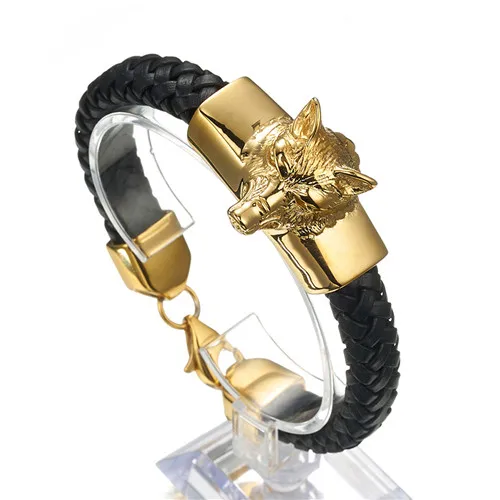 Gold Wolf Модный мужской браслет с животными 316 lнержавеющая Сталь Серебряный/Золотой Лев или Волчья Голова 15 мм браслет из натуральной кожи 8,26 дюйма - Окраска металла: Gold Wolf