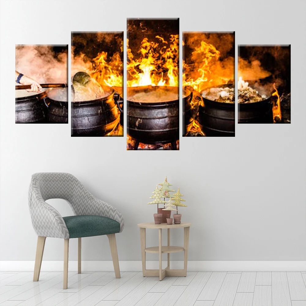 HD Print 5 Panel Canvas Painting Restaurant Kitchen Wall Art Fire Cooking Poster Home Decoration Mural | Дом и сад