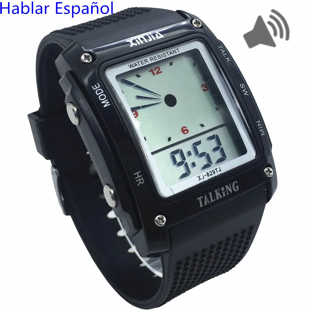 

Rectangle Dial,Spanish Talking Watch for the Blind and Elderly Electronic Sports Wristwatches 829TS-BLK