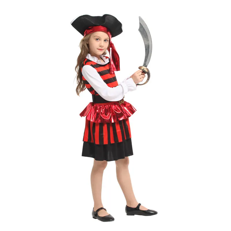 Kids Child Cute Red Black Striped Pirate Buccaneer Costume for Girls Fancy Halloween Carnival Party Masquerade Mardi Gras Dress |