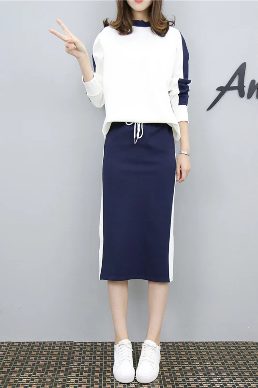 Women's 2 Piece Set Elegant Sporting Casual Side Striped Casual Pullover Top Elastic Waist Skirt Suit Plus Size Hots S87702F - Цвет: Navy