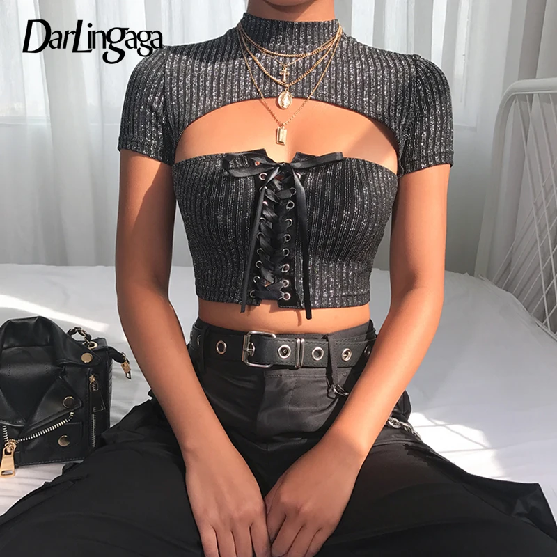 Модная вечерняя футболка Darlingaga с украшениями Женский облегающий укороченный топ