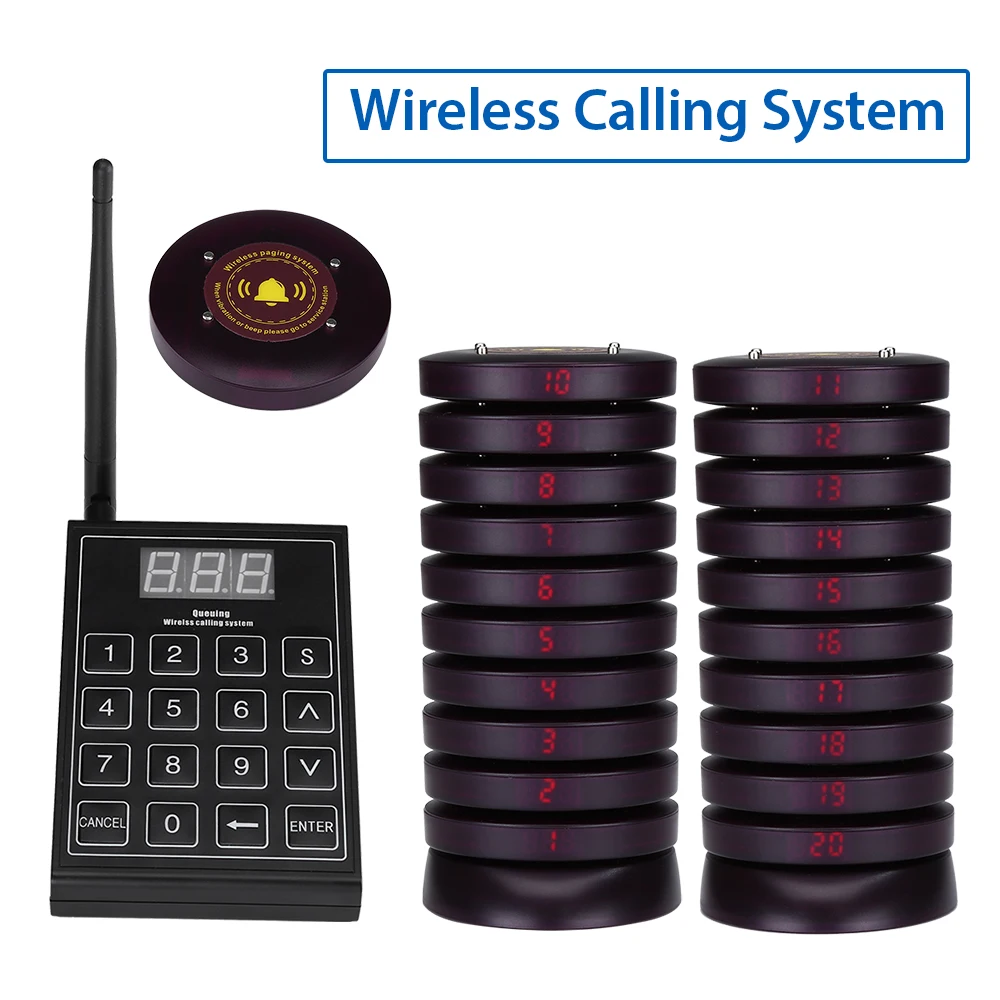 

Wireless Paging Queuing System Restaurant Pager 1 Transmitter + 20 Coaster Pagers Chargeable Restaurant Equipments