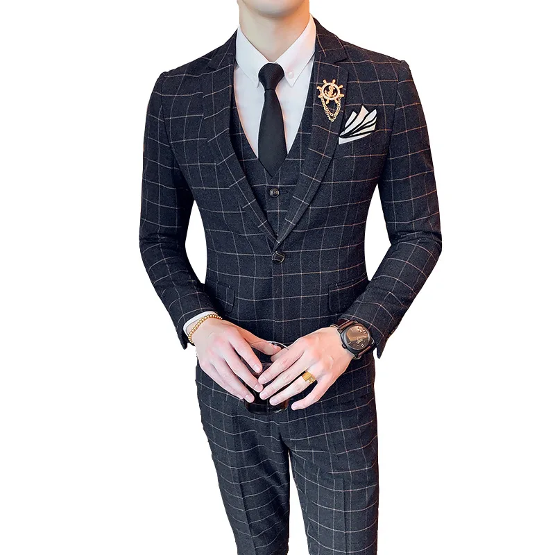 

( Jacket +Vest+ Pants ) 2019 Spring Summer New Men's Wedding Fashion Boutique Blazers Plaid Business Leisure Smart Casual Suits