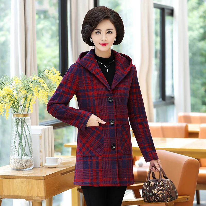 Модное осенне зимнее шерстяное пальто в клетку большого размера женская