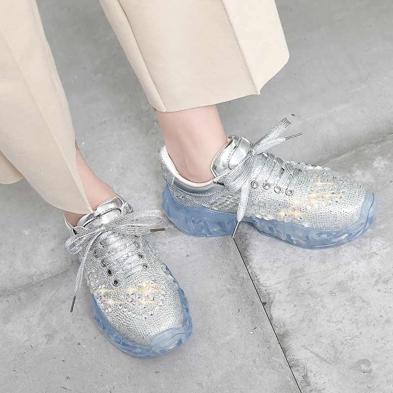 Модные женские туфли блестящие стразы прозрачная обувь на толстой подошве