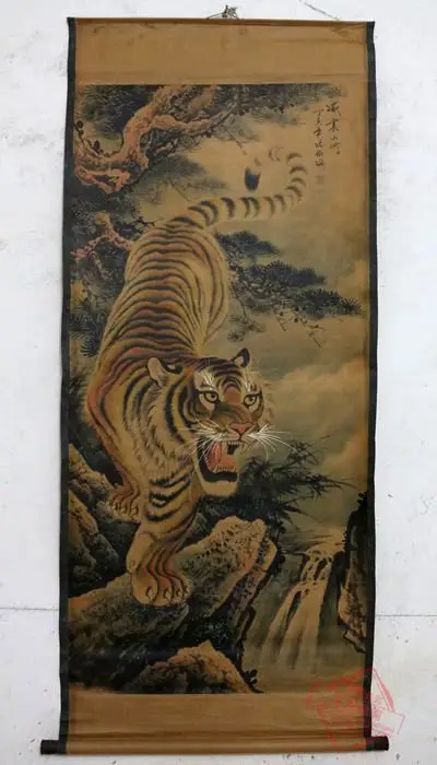 Редкая старая китайская живопись QingDyansty, тигр, изысканный дизайн, ручная работа, древняя, бесплатная доставка Редкая старая китайская живопись QingDyansty, тигр, изысканный дизайн, ручная работа, древняя, бесплатная доставка