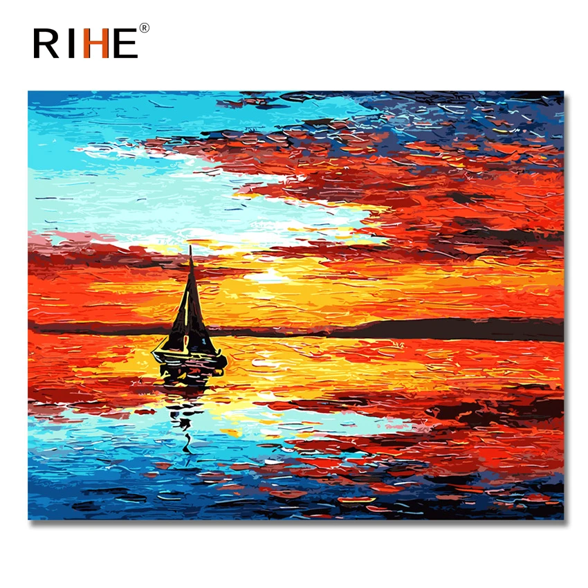 RIHE Dusk Ocean Diy Краска ing по номерам абстрактная картина маслом с парусной лодкой