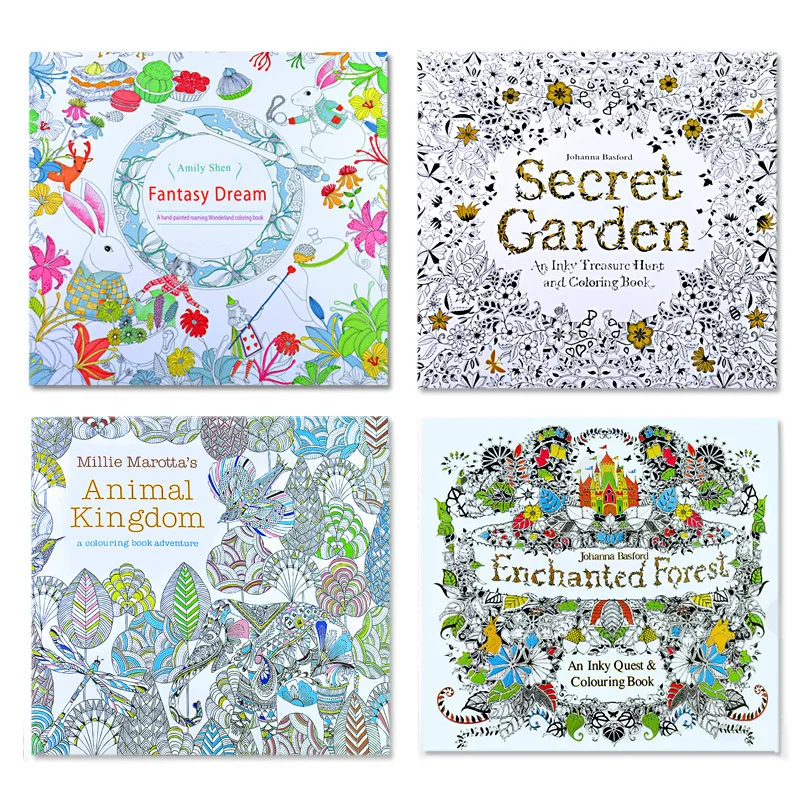 

4 pcs 24 Pages Animal Kingdom English Edition Coloring Book for Children Adult Relieve Stress Kill Time Painting Drawing Books