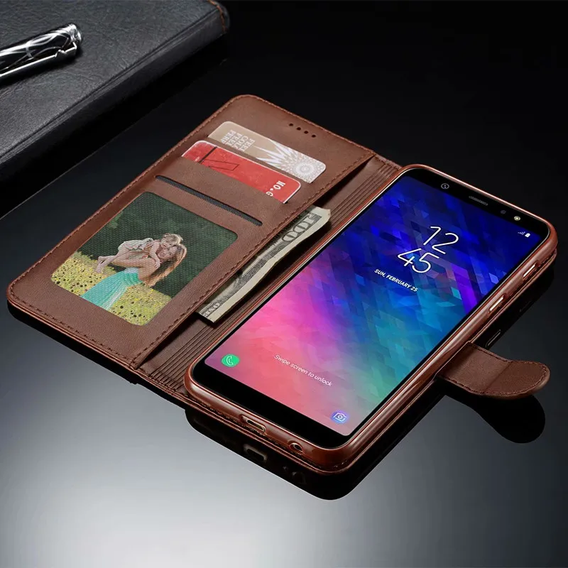 Чехол J6 Plus для Samsung Galaxy 2018 кожаный Винтажный чехол телефона книжка с бумажником на