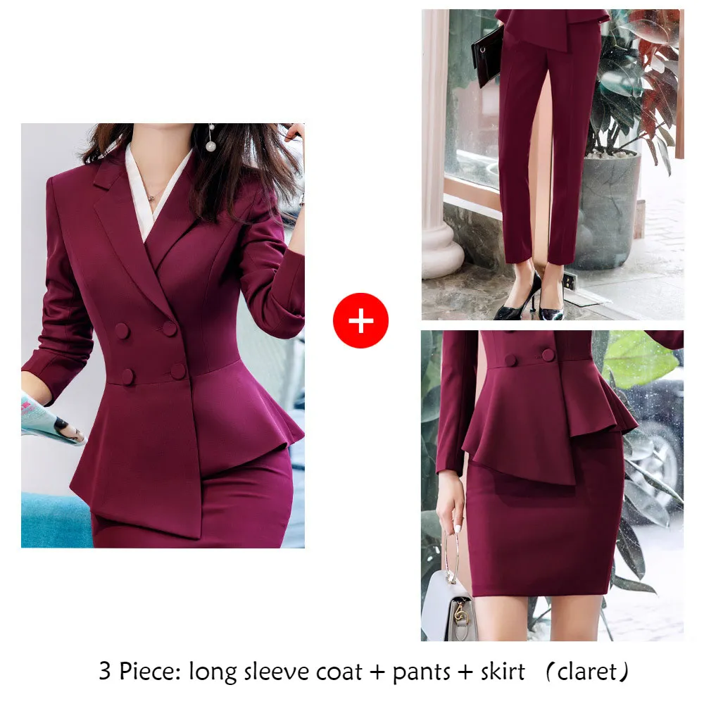 claret 3 pcs Для женщин костюмы элегантный профессиональная одежда нерегулярные Chic пиджаки Офисные женские туфли модные Повседневное работы пальто брюки костюмы Женская одежда - Цвет: claret 3 pcs