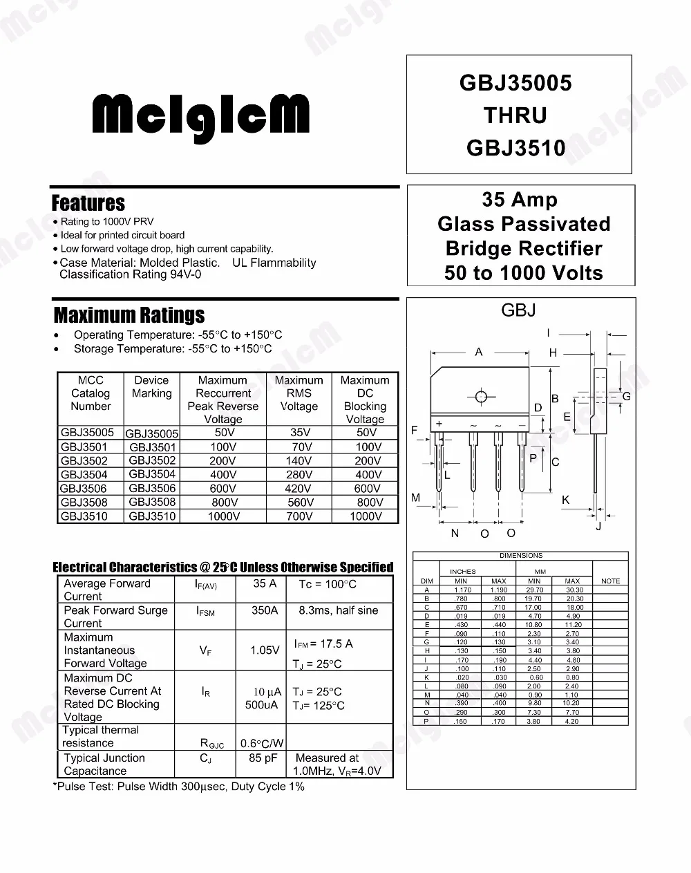 MCIGICM 10 шт. 35A 1000 В диодный мостовой выпрямитель gbj3510