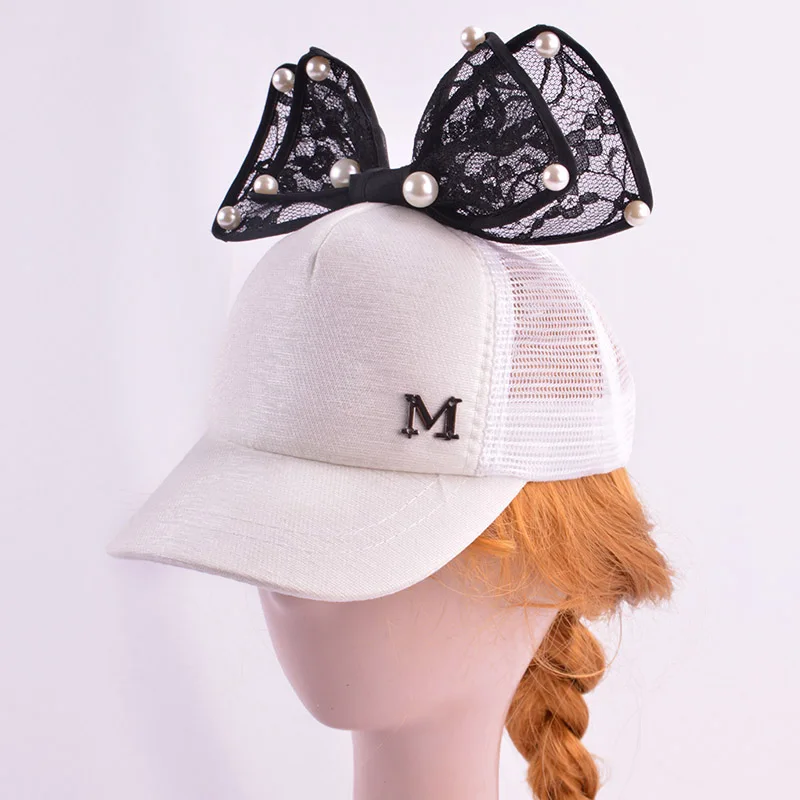 white mesh Милая Весенняя шляпа для младенцев, летняя бейсбольная кепка для маленьких девочек, блестящая шапка с кроличьими ушками и жемчугом, детские шляпы от солнца для девочек - Цвет: white mesh