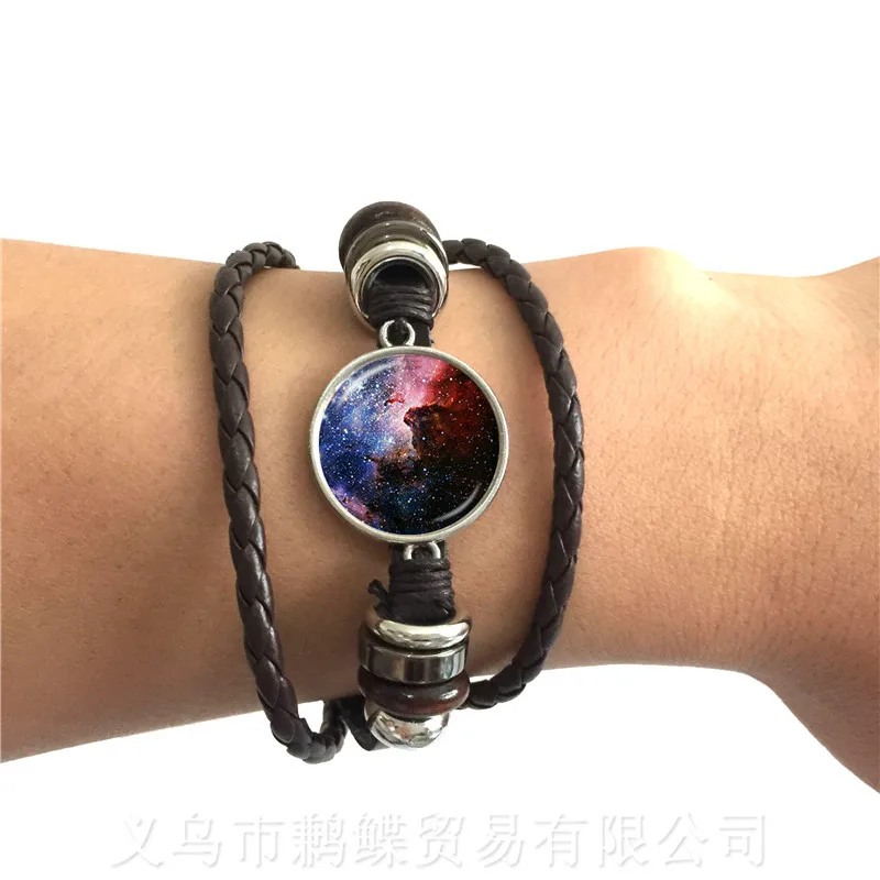 

Mendittorosa Natural Nebula Galaxy Space Trendy Jewelry With Glass Cabochon Black/Brown Leather Bracelet For Women Wedding