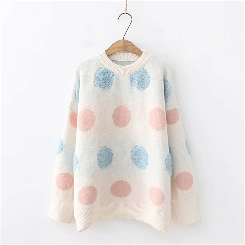 LUNDUNSHIJIA High Quality Towel Embroidered Circle Dots Sweaters Women 2018 Winter Loose Pullovers Knitted Female Sweater | Женская