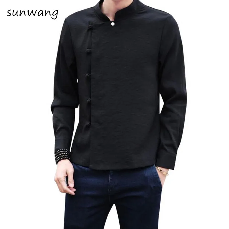 Мужская льняная рубашка с длинными рукавами и косой пуговицей Повседневная в