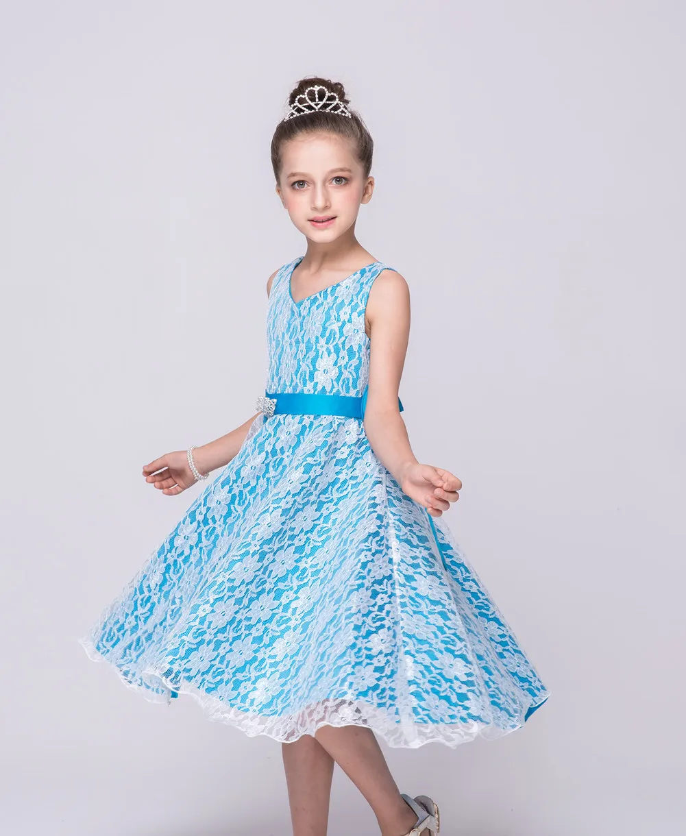 Light Blue OLEKID/ г. Летнее нарядное платье для девочек; Брендовое Сетчатое кружевное свадебное платье принцессы без рукавов для девочек; От 3 до 12 лет платье для подростков - Цвет: Light Blue