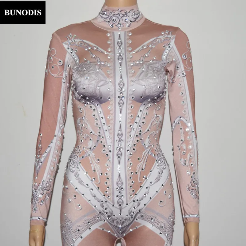 ZD063 Pink Girl Sparkling Crystals Stones Jumpsuit Christmas Celebrate Nightclub Performance Stage Costume Sexy Bodysuit