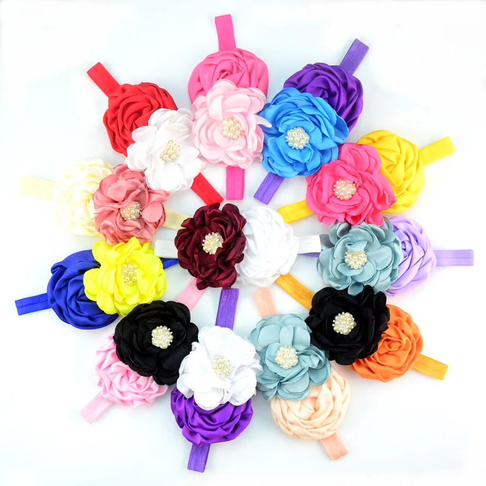 

Satin Flowers Headband Pearl Rhinestone Center, Spring Headband