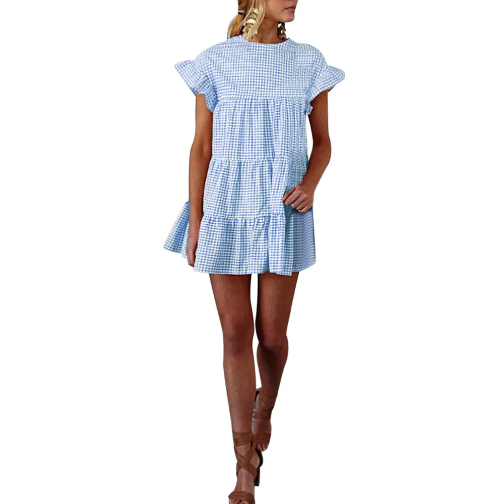 2019 Fashion Women Dress Generous Ladies Plaid Printing Round Neck Short Sleeve Elegant Summer Mini Party A# | Женская одежда