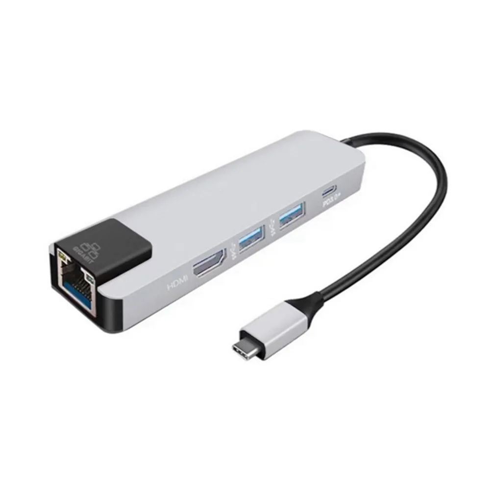 Серебристый Хит-5 в 1 концентратор USB Type C Hdmi 4K USB C концентратор для Gigabit Ethernet Rj45 Lan адаптер для Mac book Pro Thunderbolt 3 USB-C зарядное устройство - Цвет: Серебристый