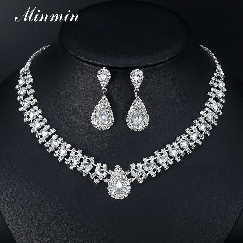 Minmin Роскошный Серебряный Цвет Кристалл Свадебные Ювелирные наборы для женщин