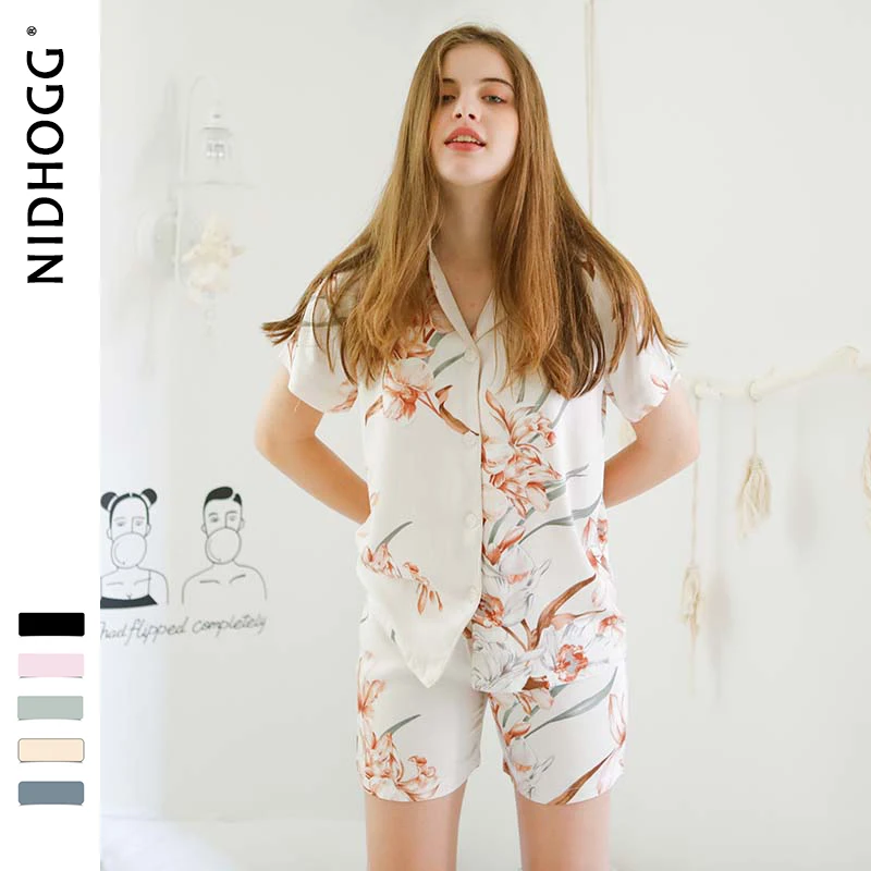 

Summer New Simple Satin Pajamas Short Sleeve Orchid Printing Sleepwear Viscose Pajama Shorts Loungewear Women Pyjamas 2 Piece