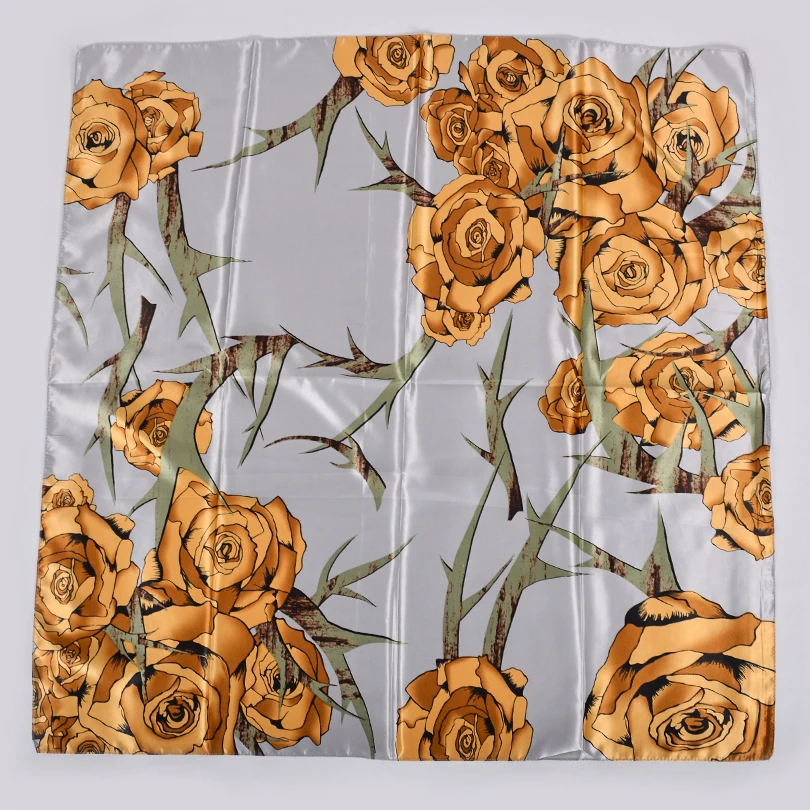[BYSIFA] Grey Gold Silk Scarf Shawl Women Elegant Muslim Hijab New Brand Fall Winter Roses Design Head Cape 90*90cm |