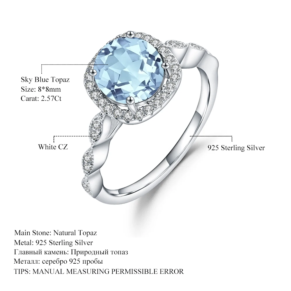 

Gem's Ballet Fashion Wedding Women's Fine 2.57Ct Natural Sky Blue Topaz Gemstone Ring 925 Sterling Silver Ring Jewelry