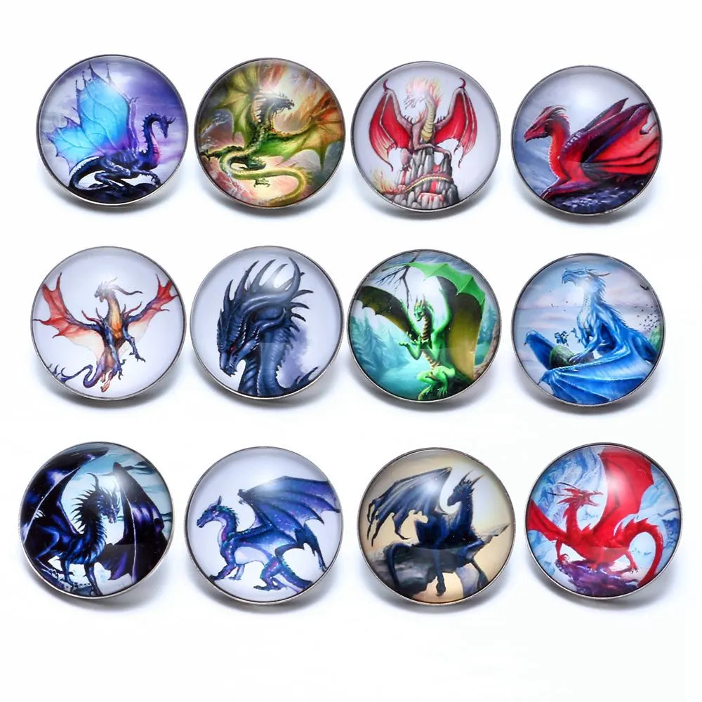 12pcs/lot Dragon Themes Glass Charms 18mm Snap Button Jewelry For 18mm Snaps Bracelet Snap Jewelry KZ0665b