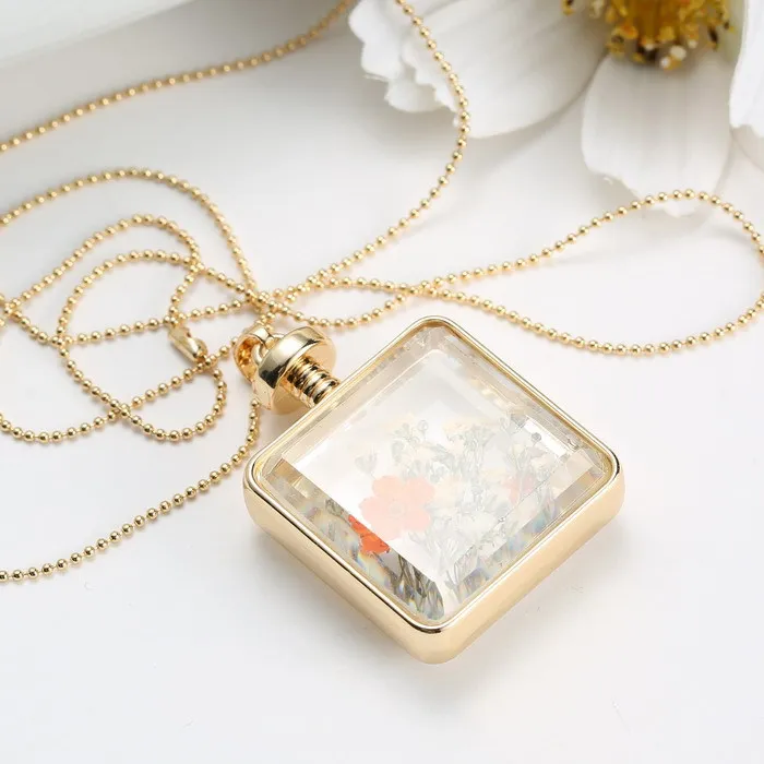 Натуральный прозрачный стеклянный медальон с сушеными цветами ожерелья цепочки