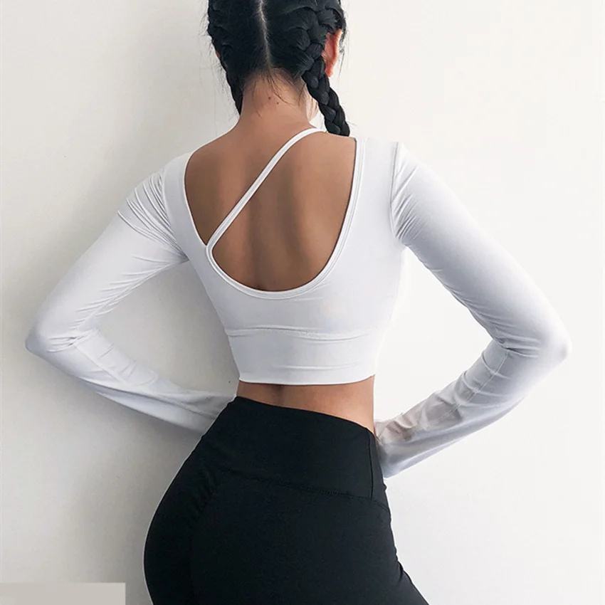 Осенью мягкий Фитнес укороченный топ Для женщин Slim Fit тренировки Топы Для женщин рубашка с длинными рукавами отверстиями для большого пальца Топ для занятий йогой Спортивная одежда для зала