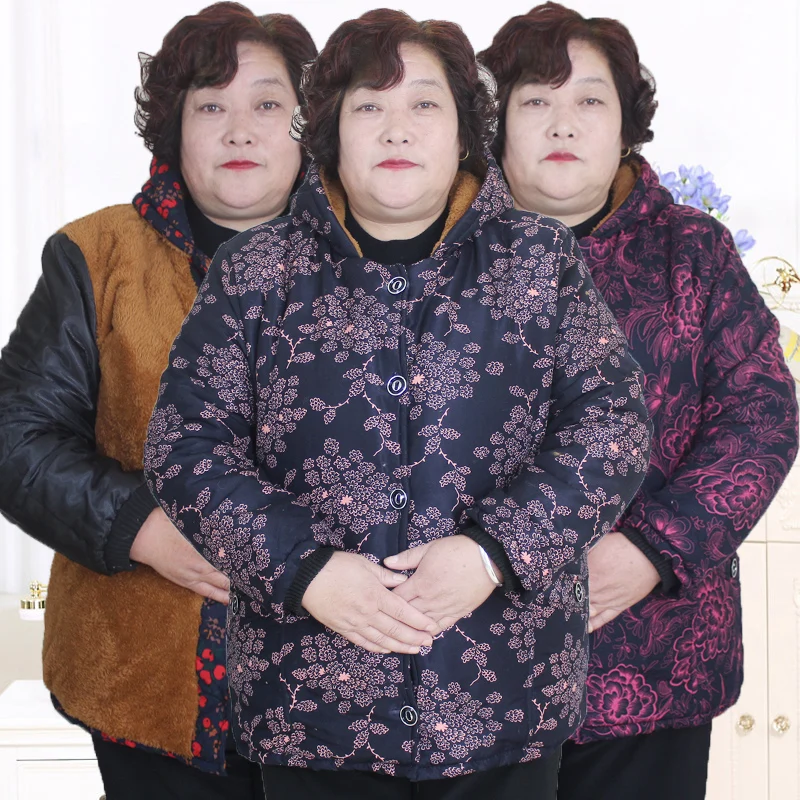 Плюс 5XL-9XL жира мать печати теплый с капюшоном хлопчатобумажное пальто среднего