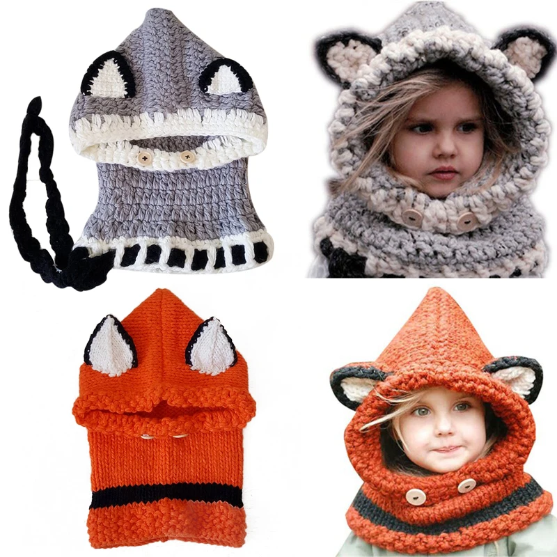 Милая Лиса уши узор вязаная теплая шапка модная детская с капюшоном шаль кепки