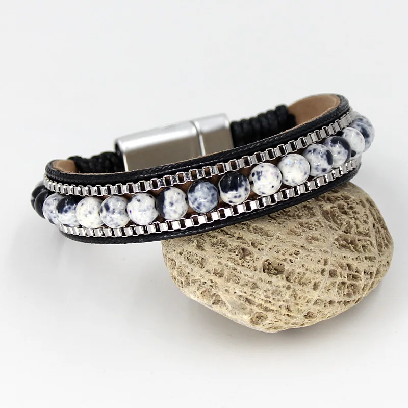 VONNOR ювелирные изделия каменные браслеты для женщин кожаные на запястье мужские