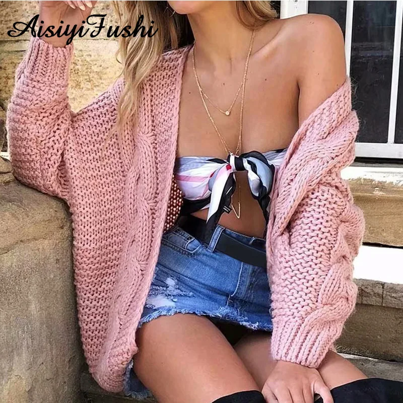 Женский кардиган плотный грубый вязаный свитер Розовый Теплый женские зимние